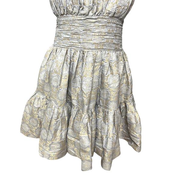 ByTimo A-Line Mini Dress Ruffled Hem Strapless Floral Brocade Blue Gold L NWOT - Picture 3 of 8